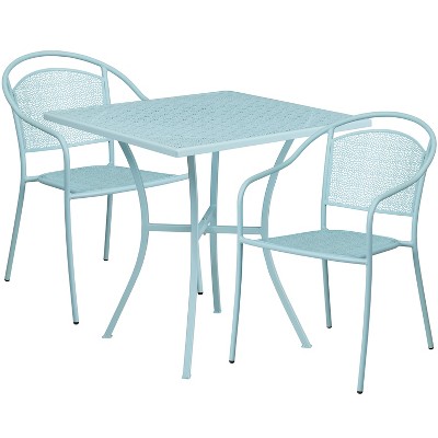 Flash Furniture Oia Commercial Grade 28" Square Sky Blue Indoor-Outdoor Steel Patio Table Set with 2 Round Back Chairs