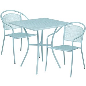 Flash Furniture Oia Commercial Grade 28" Square Sky Blue Indoor-Outdoor Steel Patio Table Set with 2 Round Back Chairs - 1 of 4