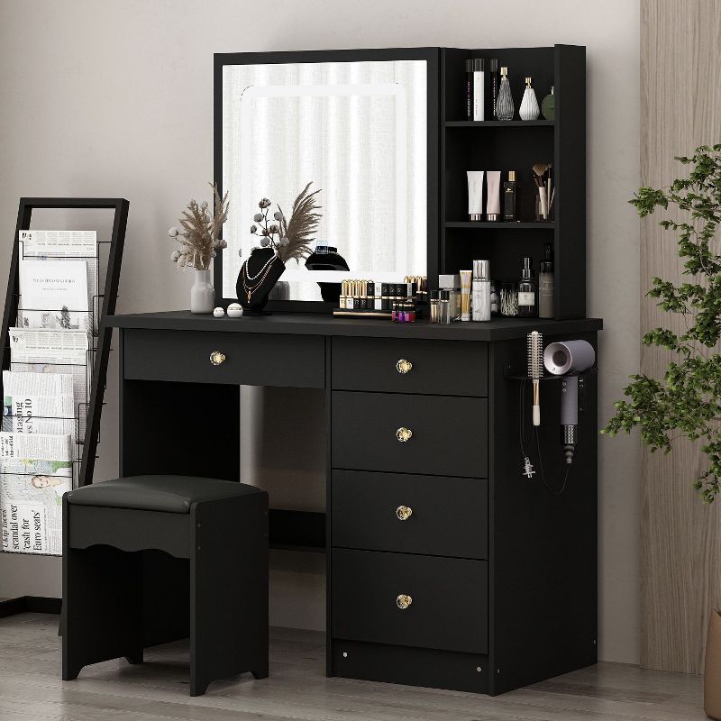 FAMAPY Vanity Table Set Vanity Set Dressing Table w/Lighted Makeup Mirror and Charging Station Dressing Black, 2 of 14