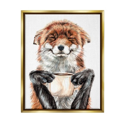 Stupell Industries Happy Fox with Coffee Framed Floater Canvas Wall Art