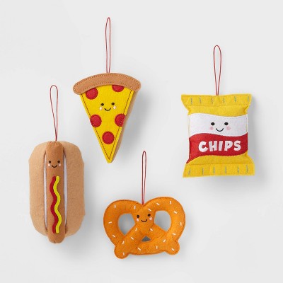 4pk Chips, Pretzels, Hotdog & Pizza Stuffed Felt Food with Embroidered Faces Christmas Tree Ornaments - Wondershop™
