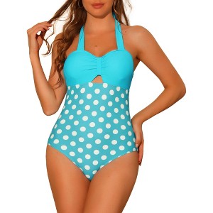 Elerevyo Women's Halterneck Polka Dot Monokini Tummy Control Cut Out String Swimsuit Bathing Suits 1 Pc - 1 of 4