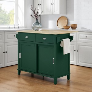 HomeStock  Cora Drop Leaf Kitchen Island Microwave Stand, Coffee Bar with Storage Drawers and Shelves, Emerald Green - 1 of 4
