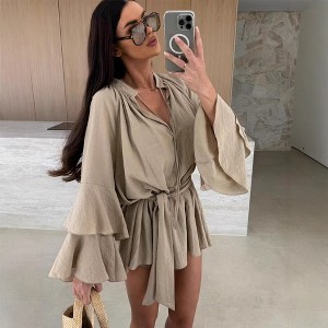 Women's Ruffle Bell Sleeve Tie Waist Dress V-Neck Loose Fit Dress - 1 of 4
