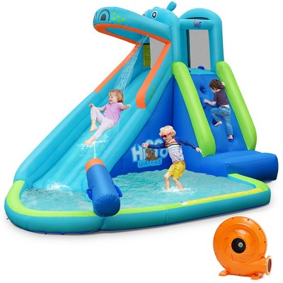Costway Inflatable Kids Hippo Bounce House Slide Climbing Wall Splash Pool w/740W Blower