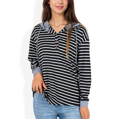 Anna-Kaci Women's Striped Long Sleeve Pullover Hoodie with Button-Down Collar and Cuffed Sleeves