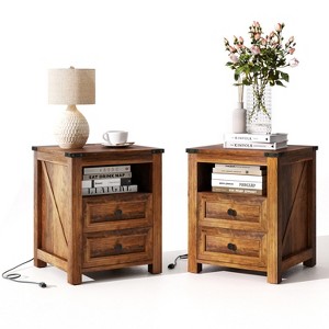 MUUEGM Farmhouse Nightstand with Charging Station, 18" Bedside Table with Drawer & Storage Cabinet, End Table for Bedroom, Living Room - 1 of 4