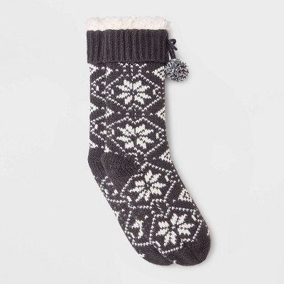 Women's Fair Isle Faux Shearling Lined Slipper Socks with Poms & Grippers - Black 4-10