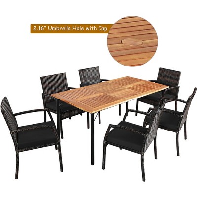 7-Piece Black Wicker and Acacia Wood Outdoor Dining Set