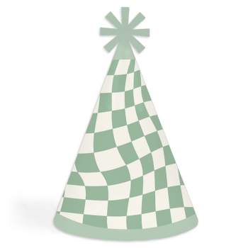 Big Dot of Happiness Sage Green Checkered Party - Cone Happy Birthday Party Hats for Kids and Adults - Set of 8 (Standard Size)