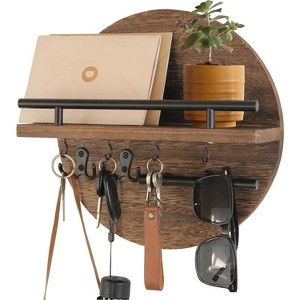 LunaLulinlk Key Holder for Wall Decorative with Shelf and Hooks, Wood Round Wall Mount with Holder, Entryway Key Rack Hanger, Brown - 1 of 4