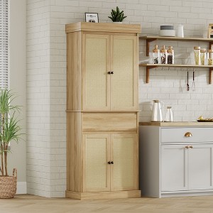 69in Tall Pantry Cabinet,  Wood Kitchen Storage Cabinet with Drawer, 2 Adjustable Shelves & 4 Rattan Doors for Dining Room, Living Room, Office - 1 of 4
