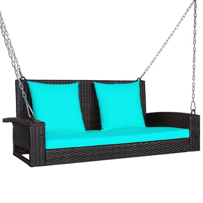 Tangkula Outdoor Wicker Porch Swing Bench 2-Person Patio Rattan Swing Chair W/ Soft Cushions White/Turquoise/Red/Black
