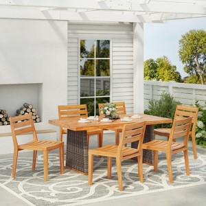 Christopher Knight Home Penelope Rustic 7 Piece Outdoor Acacia Wood Slatted Dining Set with Rattan Table - 1 of 4