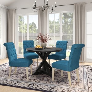 Roundhill Furniture Banff 5-piece Dining Set, Cross-Buck Round Table with 4 Tufted Chairs - 1 of 4