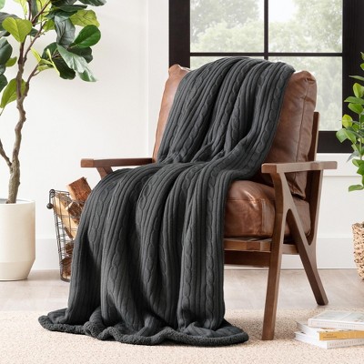 Chanasya Cable Knit Throw Blanket with Plush Faux Shearling Side