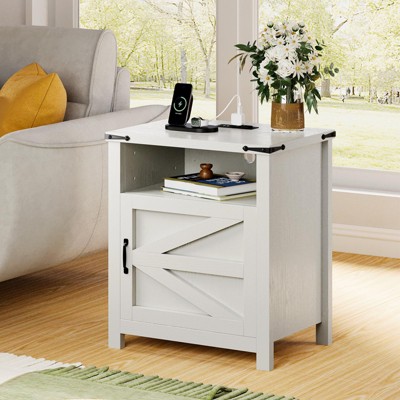 AOXUN End Table with Charging Station, 21" Rustic Nightstand with Barn Door, Sofa Side Table with Open and Closed Storage for Living Room, White