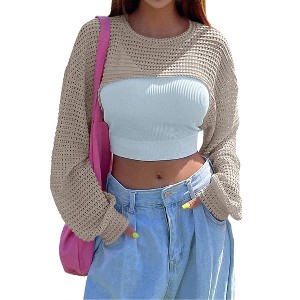 Womens Pullover Crochet Sweater Crew Neck Cropped Tops Shrugs Waffle Knit Crochet See Through Knit Top Cover Ups - 1 of 4