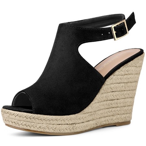 BLACK WEDGE HEELS, Criss Cross Strap Sandals, Suede Leather Heels