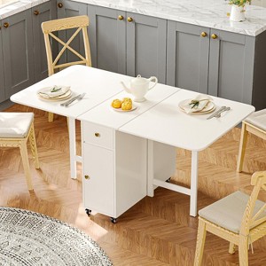 ATJafurn 58.9'' Folding Table No Assembly Required, Rectangular Wooden Extendable Dinning Table With Wheels And Storage - 1 of 4