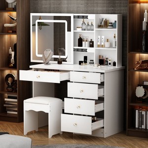 FUFU&GAGA LED Dimmable Mirror Dresser Dressing Table with Drawers Stool - 1 of 4