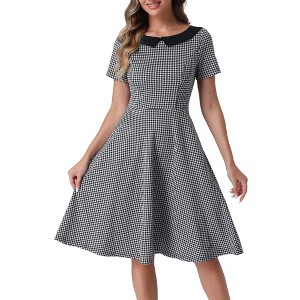 Allegra K Women's Houndstooth Boat Neck Short Sleeve Elegant A-Line Dress - 1 of 4