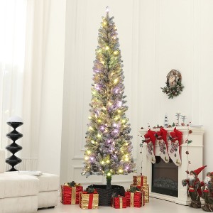 9 ft Pre-Lit Pencil Christmas Tree, Artificial Christmas Tree with 310 Dual Color LED Lights and 895 Branch Tips, Flocked Xmas Tree with Metal Stand - 1 of 4
