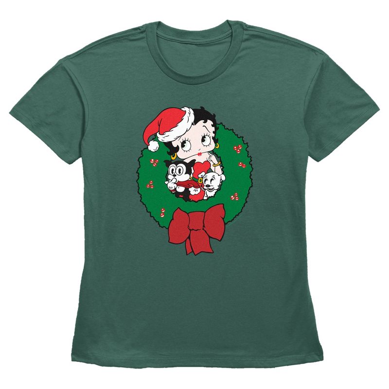 Women's Betty Boop Christmas Characters Wreath T-Shirt, 1 of 4