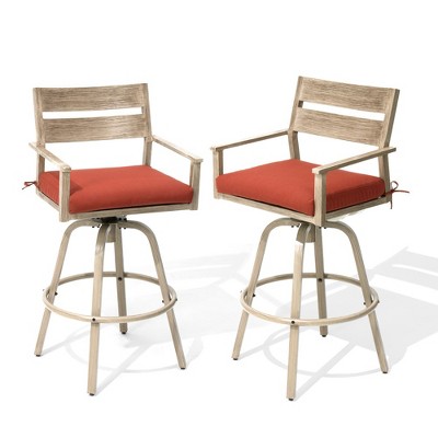Crestlive Products Aluminum Outdoor Swivel Woodgrain Finish Bar Stools with Sunbrella Cushion Set of 2