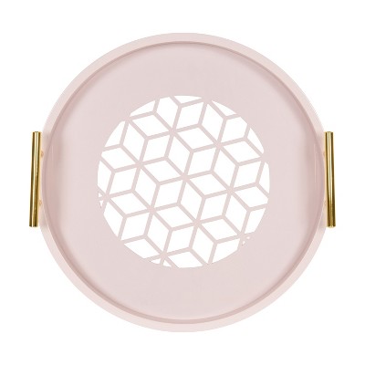Round Pink Glass Serving Tray with Gold Handles
