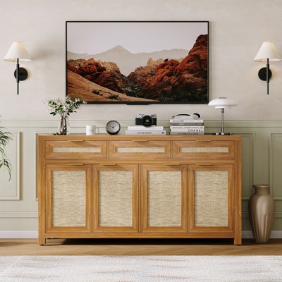 LinTimes Farmhouse Buffet Sideboard Cabinet 63in Storage Credenza W/ Rattan Panels, 3 Drawers, 4 Doors & Adjustable Shelves for Dining Room, Kitchen Dark Oak — фото 5