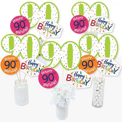 Big Dot of Happiness 90th Birthday - Cheerful Happy Birthday - Colorful Ninetieth Birthday Party Centerpiece Sticks - Table Toppers - Set of 15