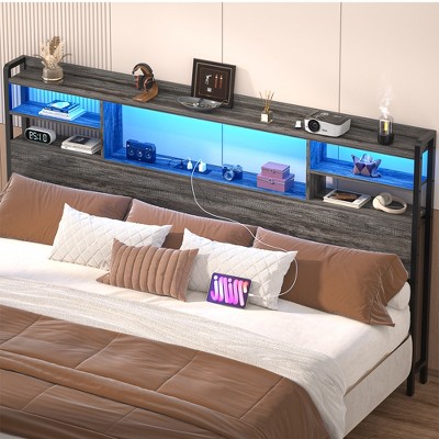 Besiost Headboard with Storage shelves and Charging Station, Wood Headboard with LED Light