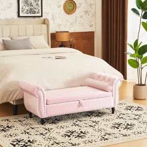 CAVINAS Modern Oval Storage Ottoman Bench, Velvet Multifunctional Storage Rectangular Ottoman Bench with 1 Pillow - 1 of 4