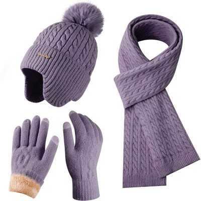 ZUPPAD Winter Hat Scarf Gloves Set for Women, Classic Cable Beanie with Removable Pom Pom Long Scarf Touchscreen Gloves 3 in 1 Set