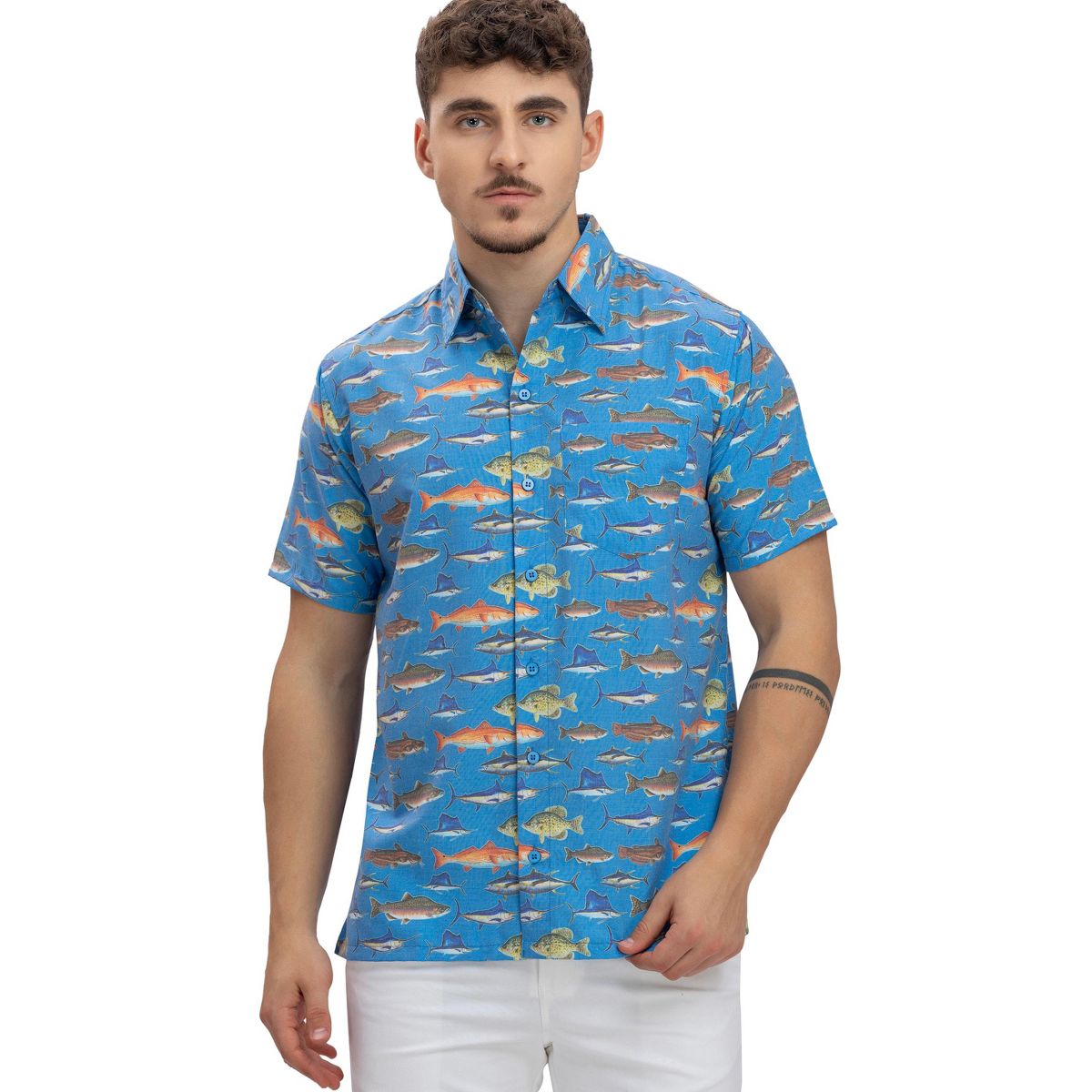 HAPPY BAY Mens Short Sleeve Button Down Casual Beach Shirt XXL Saltwater Fish Blue