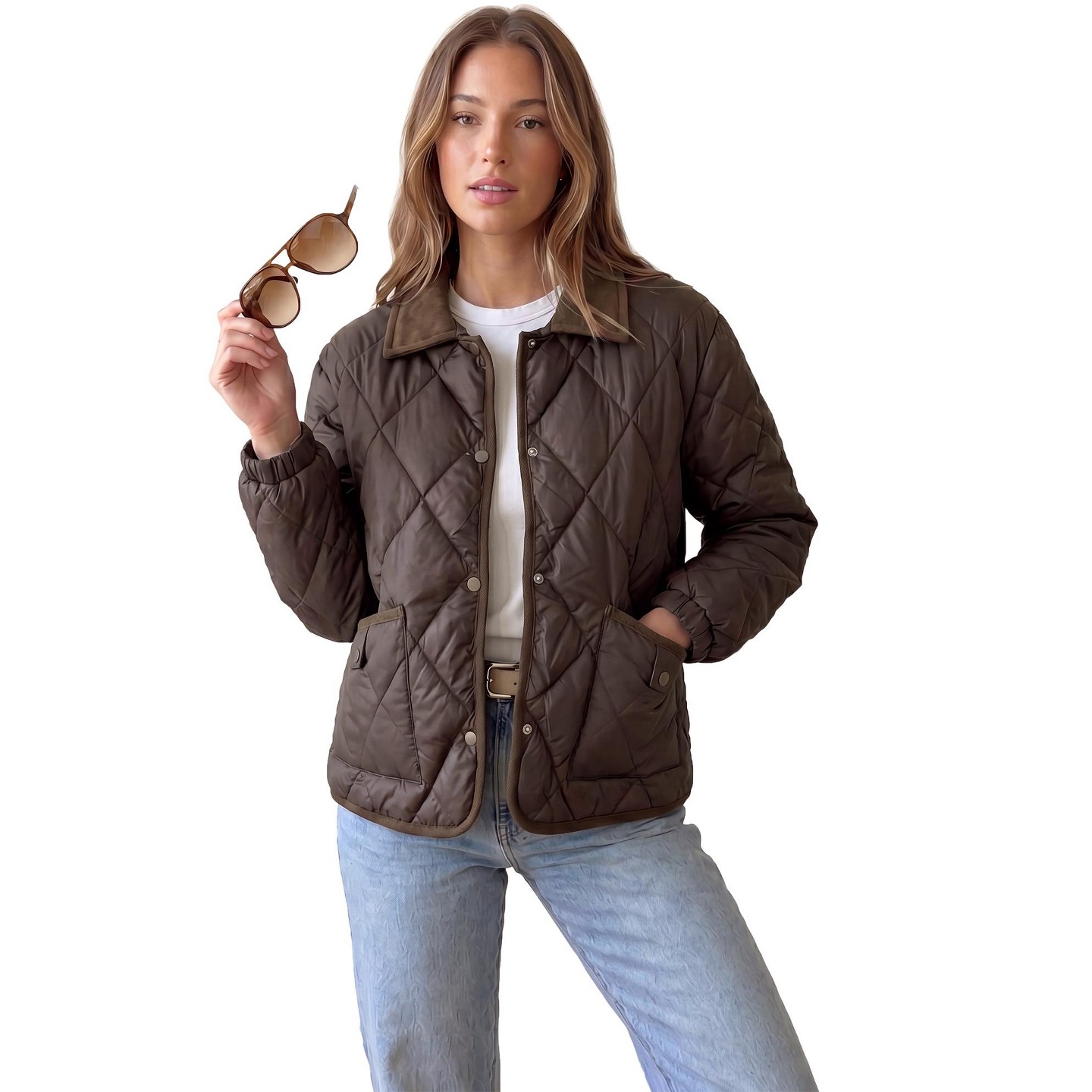 Женская куртка INSPIRE CHIC Color Block Lapel Argyle Quilted Lightweight Button Down Puffer with Gathered Cuffs Coats Small Coffee — фото 1