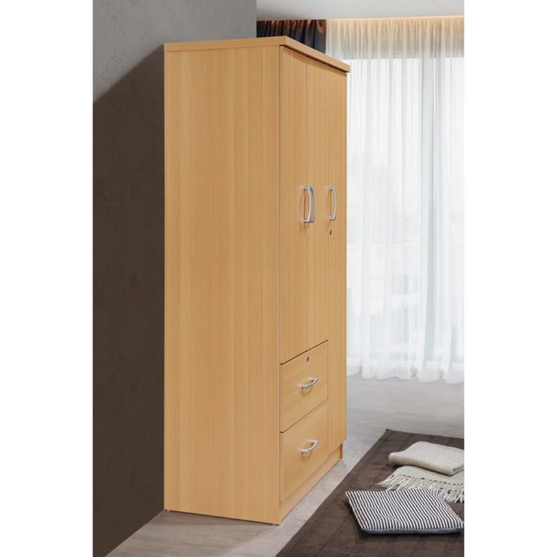 Hodedah Import Contemporary 3 Door Armoire w/ Metal Clothing Rod, 3 Shelves, 1 Standard Drawer, & 1 Locking Drawer for Bedrooms & Rented Rooms, Beech, 4 of 6