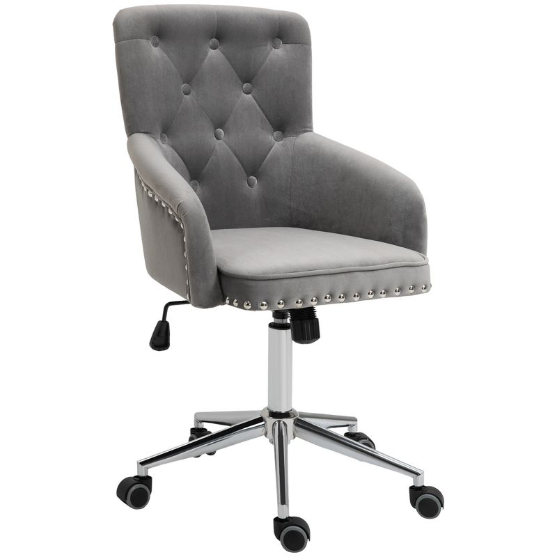 HOMCOM Modern Mid-back Desk Chair with Button Tufted Velvet Back, Nailhead Trim, Swivel Home Office Chair with Adjustable Height, Curved Padded Armrests, 1 of 10