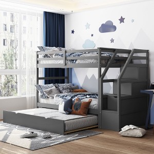 Twin Over Twin Bunk Bed with Twin Size Trundle and 3 Storage Stairs, No Box Spring Required - ModernLuxe - 1 of 4