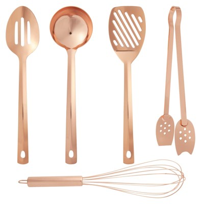 Juvale 5 Pcs Copper Cooking Utensils Set, Rose Gold Cookware with Ladle, Whisk, Tongs, Slotted Spatula, Spoon for Kitchen, Cooking
