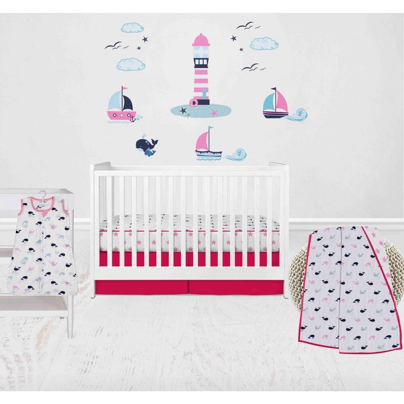 Bacati - Girls Nautical Muslin Whales Boat Pink Blue Navy 4 pc Crib Bedding Set with Sleeping Bag, 1 of 8
