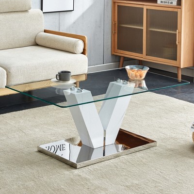 FURNIinspire Coffee Tables Modern Minimalist Coffee Table, Transparent Tempered Glass Tabletop With Silver MDF Pillars, Clear, 43"*24"*17"