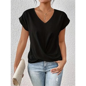 Womens V Neck Tops Knotted Hem Short Sleeve Summer Elegant Blouse Shirts - 1 of 4
