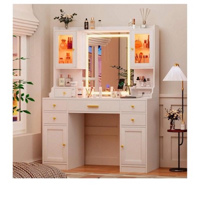 White White Makeup Vanity Desk With Mirror And Lights, Large Vanity Table Set With Charging Station, Dressing Table With RGB Cabinets, Makeup Vanity