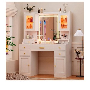 White White Makeup Vanity Desk With Mirror And Lights, Large Vanity Table Set With Charging Station, Dressing Table With RGB Cabinets, Makeup Vanity - 1 of 4
