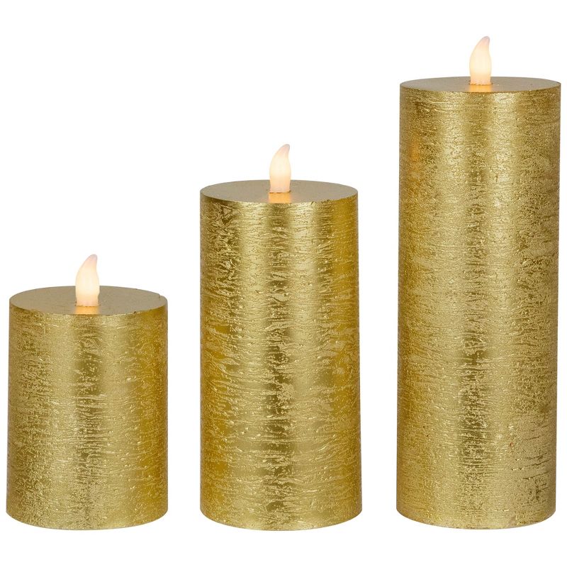 Northlight Set of 3 Gold LED Flickering Flameless Pillar Christmas Candles 8.75", 5 of 7