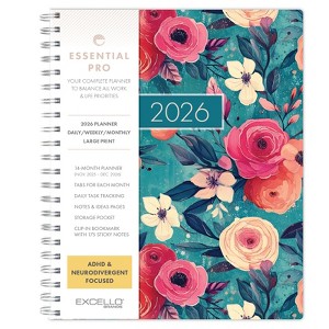 Essential PRO 2026 Daily, Weekly/Monthly Planner, 8.5"x11": 14 Months (Nov 2025-Dec 2026) Tabs,Notes Pages,Storage Pocket,Bookmark (Teal Floral) - 1 of 4