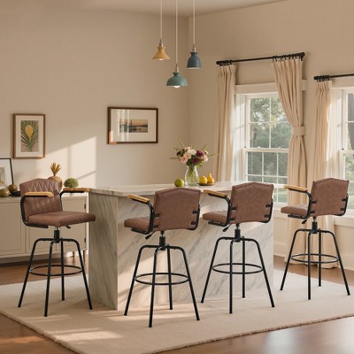 VECELO Bar Stools with Backs & Arms Set of 2, Counter Height Barstools Set with Tufted Upholstery & Footrest Ring, White/Brown