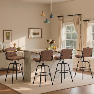 VECELO Bar Stools with Backs & Arms Set of 2, Counter Height Barstools Set with Tufted Upholstery & Footrest Ring, White/Brown - 1 of 4